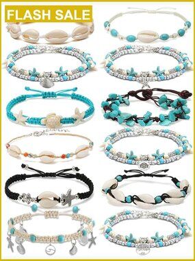 12Pc Shell Anklet Set Turtle Cowrie Dolphin Starfish Beach Jewelry